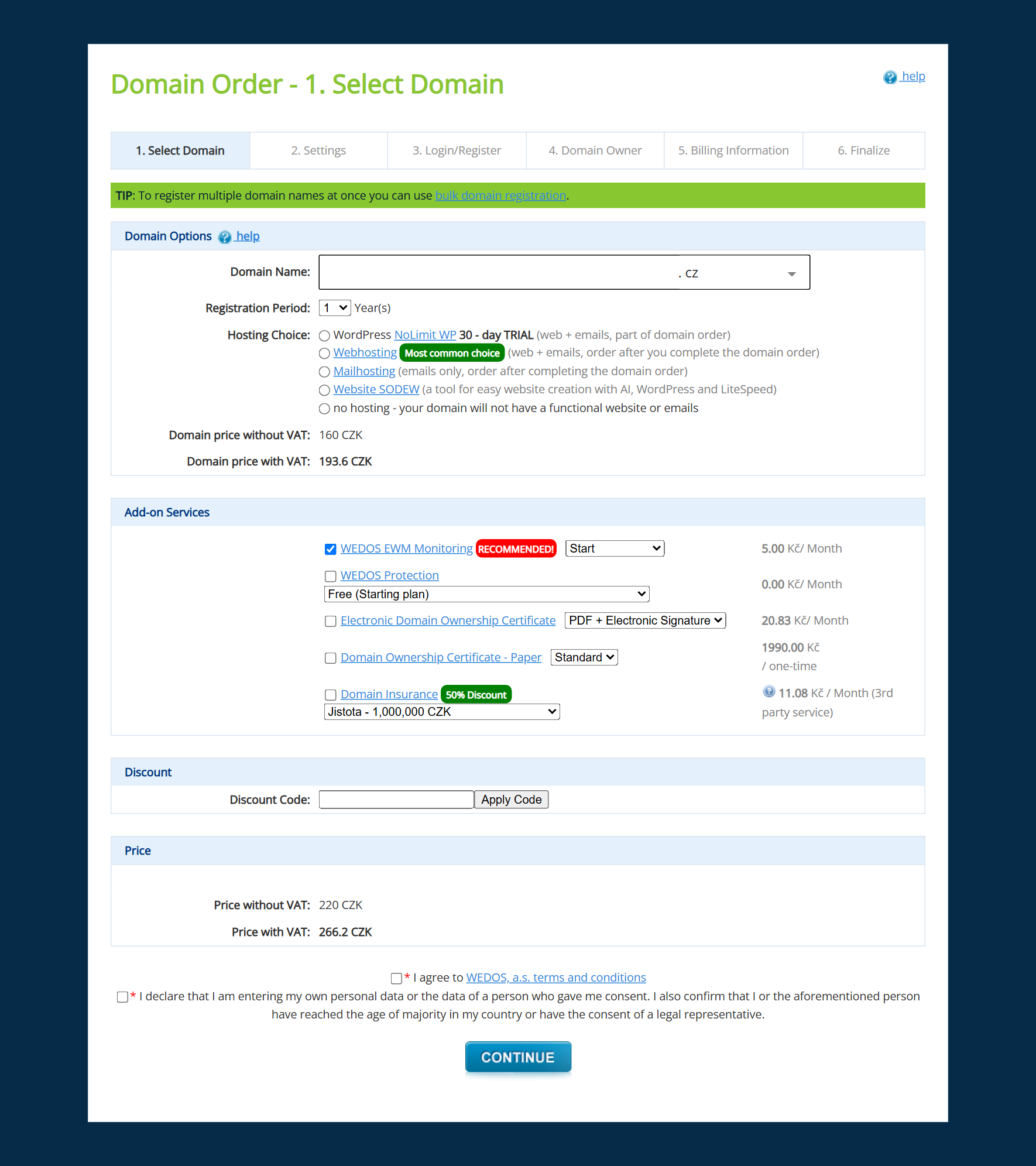 VEDOS domain order — step 1: domain selection, hosting choice and add-on services