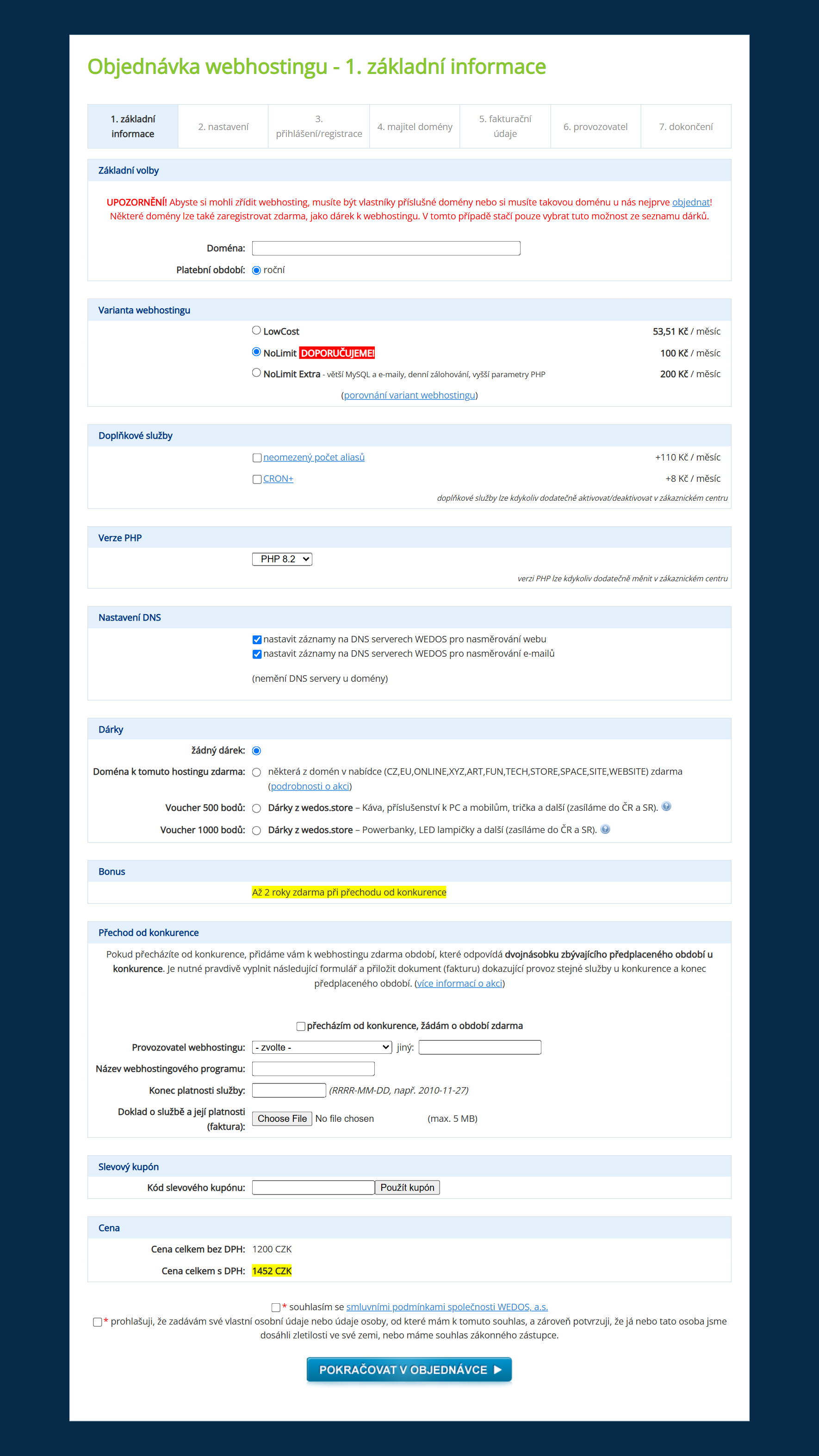 Objednávka webhostingu VEDOS se sekcí Dárky — doména zdarma