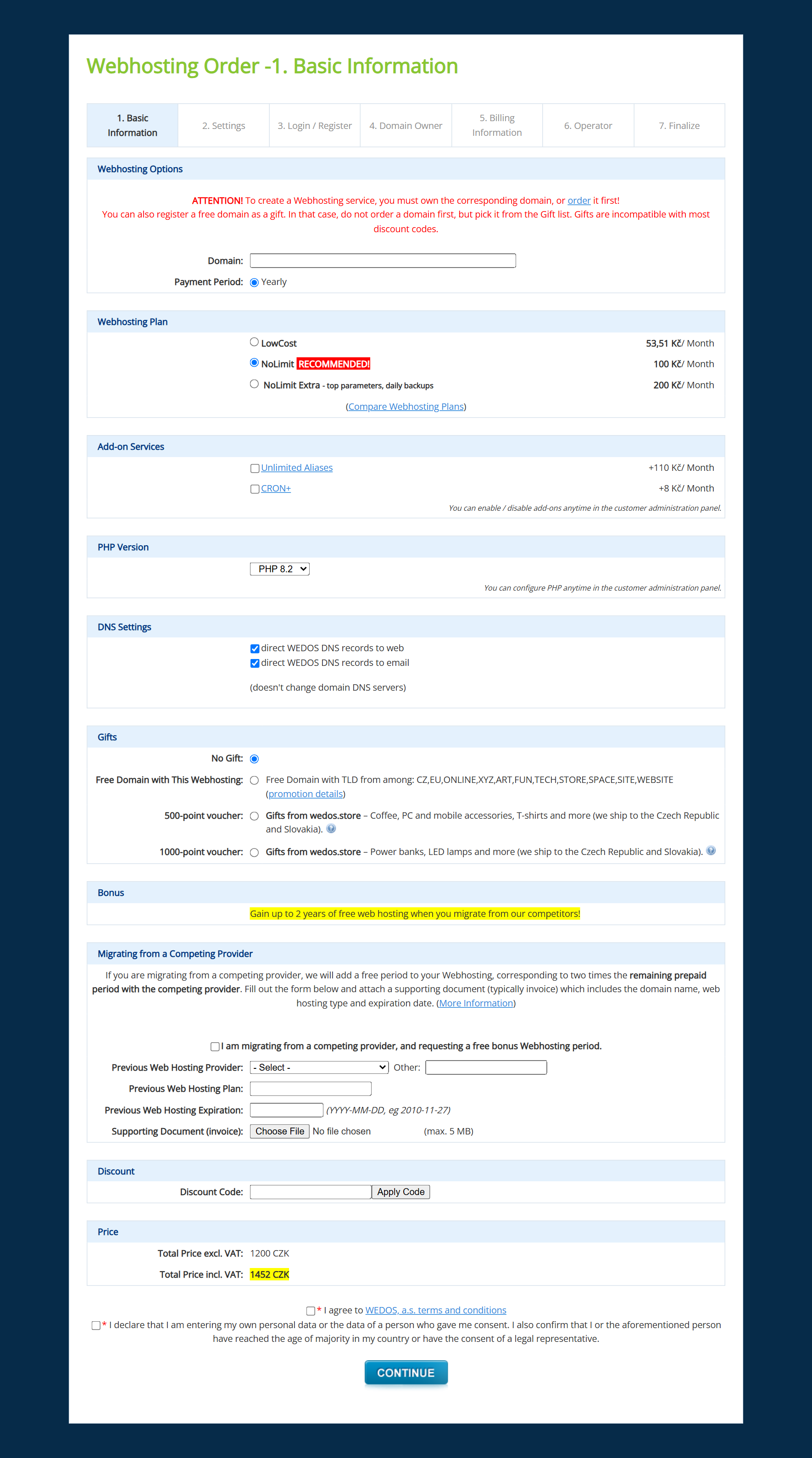 VEDOS webhosting order — step 1: plan selection, add-on services, gifts and discount code field